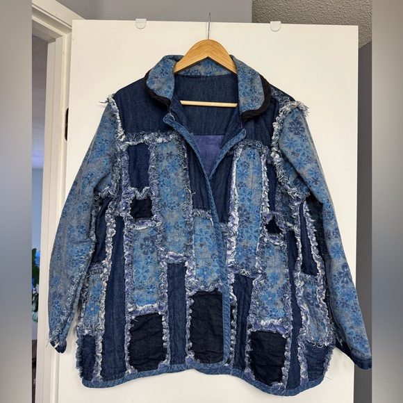 Patchwork Denim Jacket Indigo Floral Quilted Artwear - Picture 2 of 9
